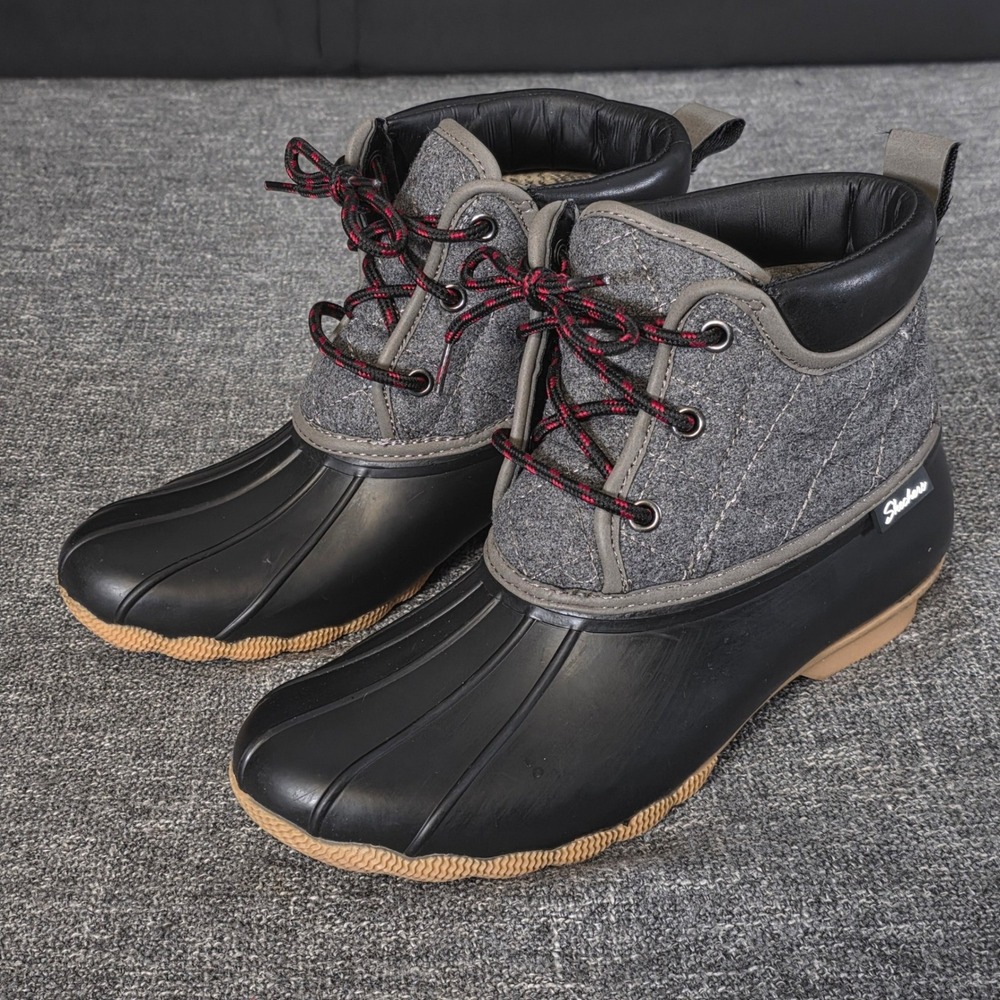 Skechers Pond Lil Puddles Duck Boots Womens 8 Black Gray Lace Up 44376